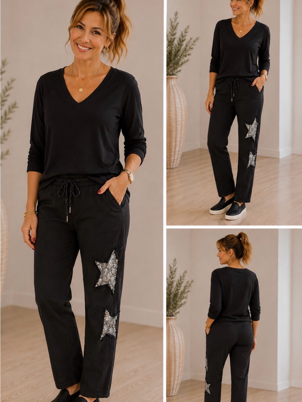 Black Straight-Leg Pants with Silver Sequin Stars